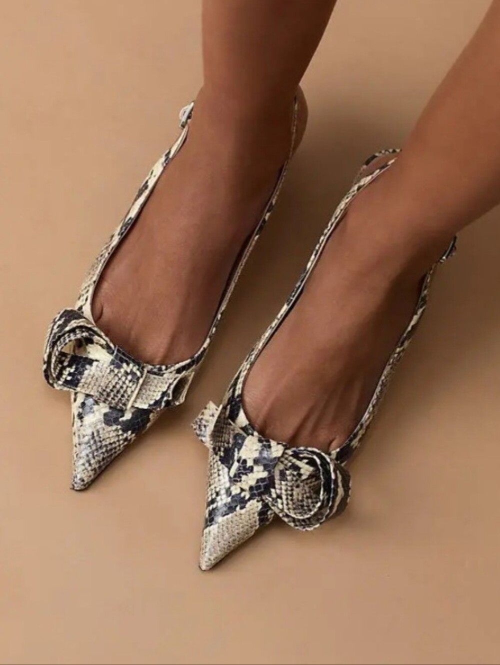 Pointed Snake-Print Slingback Flats with Bow Detail in Beige and Black